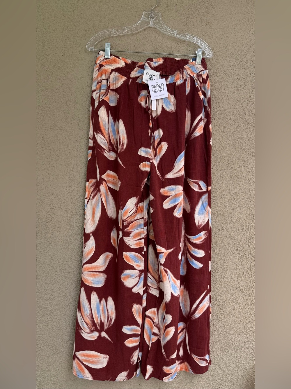 Paper Heart Rust Floral Wide Leg Pants Linen Blend -Size Large NWT